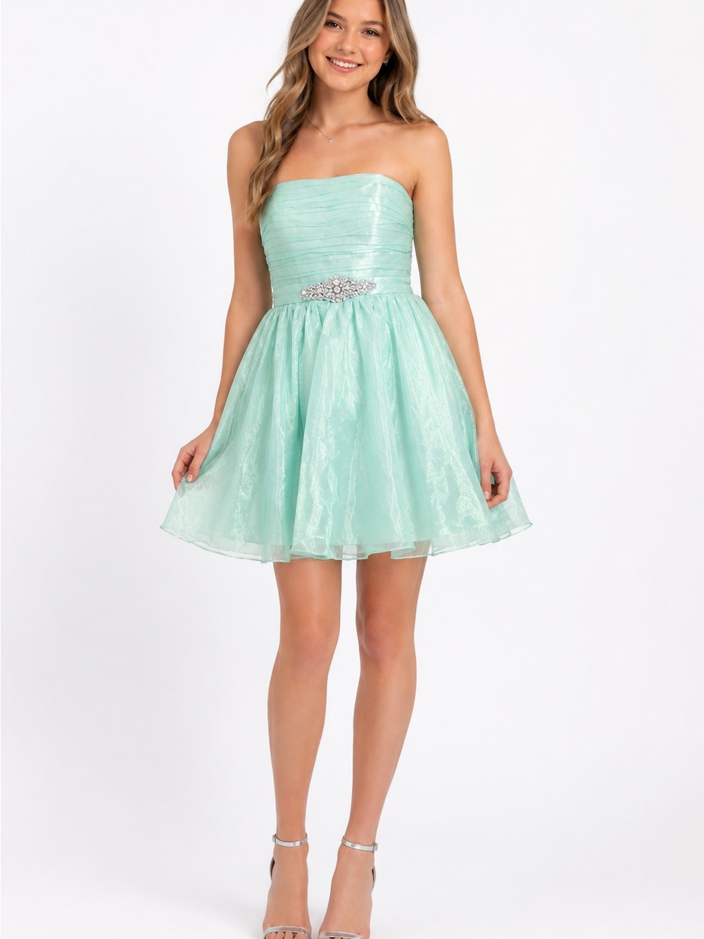 Strapless Mint Green Party Dress with Embellished Waist